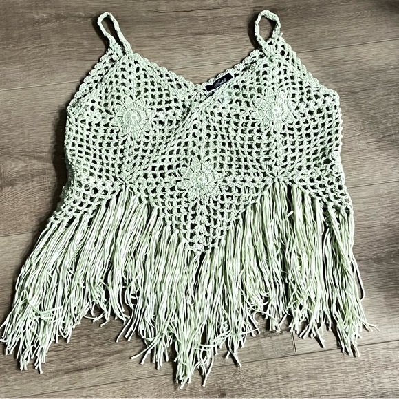Y2K 34”‎ Bust Green Granny Crochet Fringe Strappy Crop Top Boho Festival Hippie - Picture 6 of 11